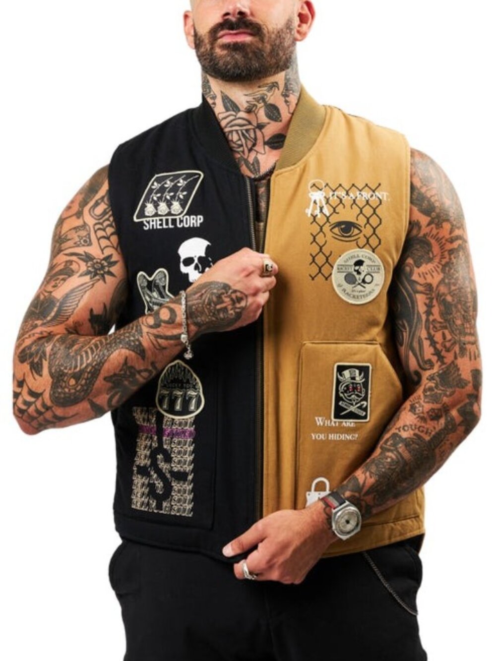 SHELL CORP Legacy Vest Men's Graphic Patches Black Tan Canvas Size M NWOT